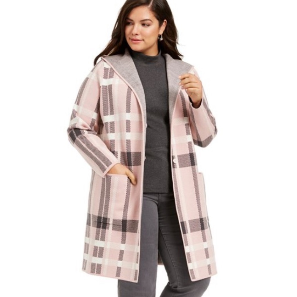 New Charter Club Coatigan Pink Plaid Duster Jacket Longline Sweater Shacket Hood